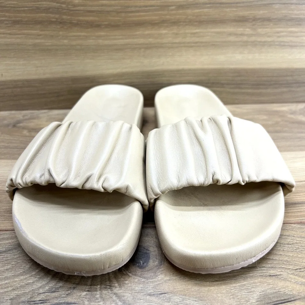 J Crew Slide Sandals‎ 6.5 Tan Pleated Ruched Soft Leather Flats